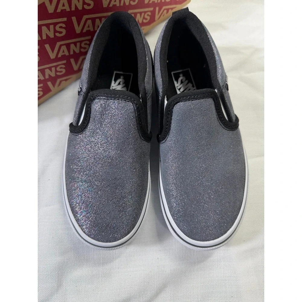 Vans Asher Slip On Shoes Girls 13 Shimmer Black Glitter Sneakers New Box